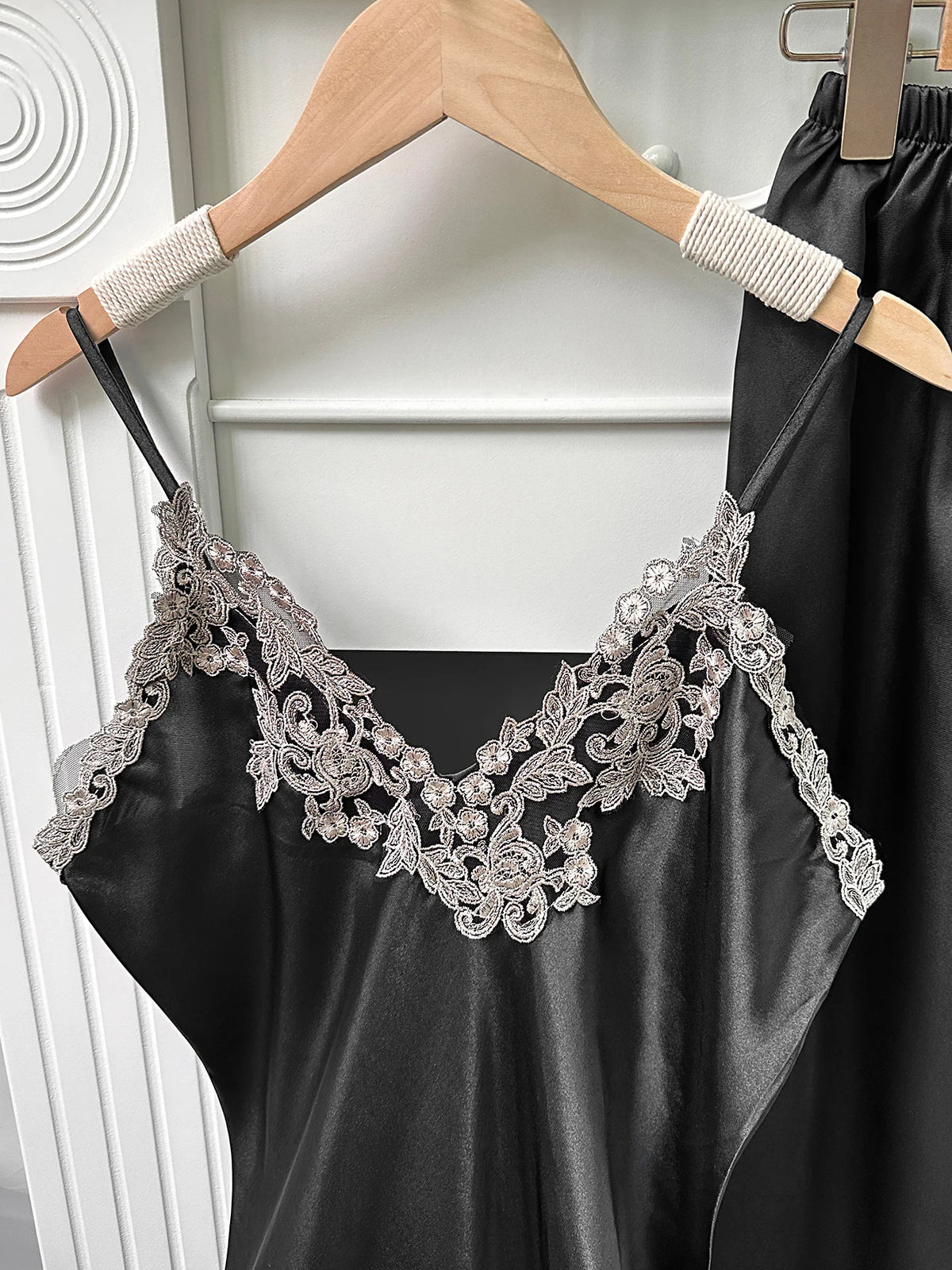 Women's 5Pcs Satin Lace Trim Top Ruffle Shorts Lounge Pants Loungewear Set