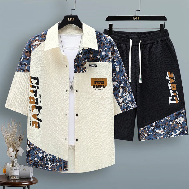 Men's 2Pcs Patchwork Printing Casual T-shirt Shorts Set