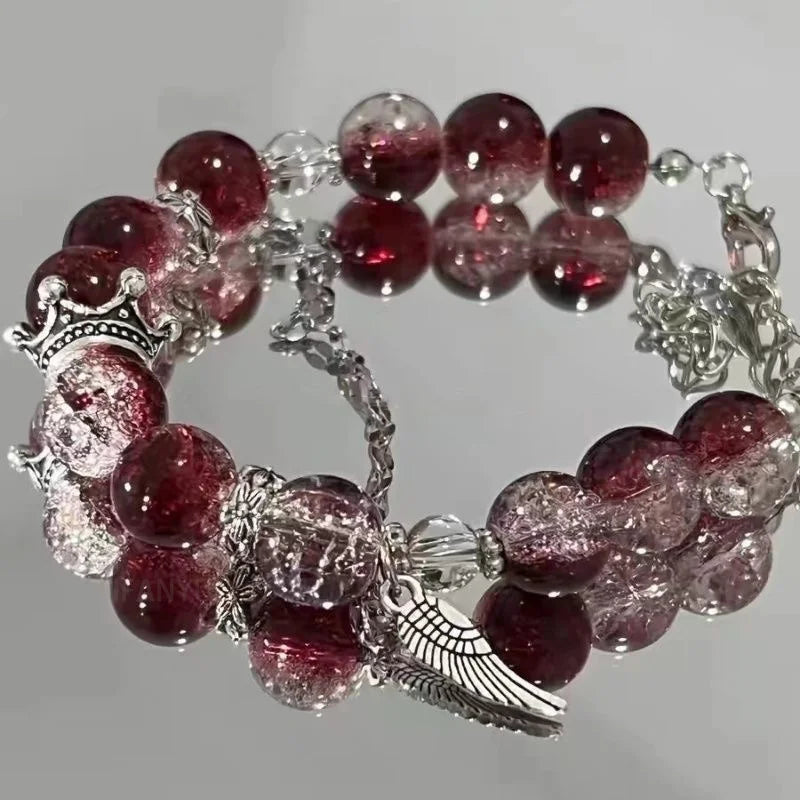 Women's Beaded Red Crystal Feather Pendant Bracelet