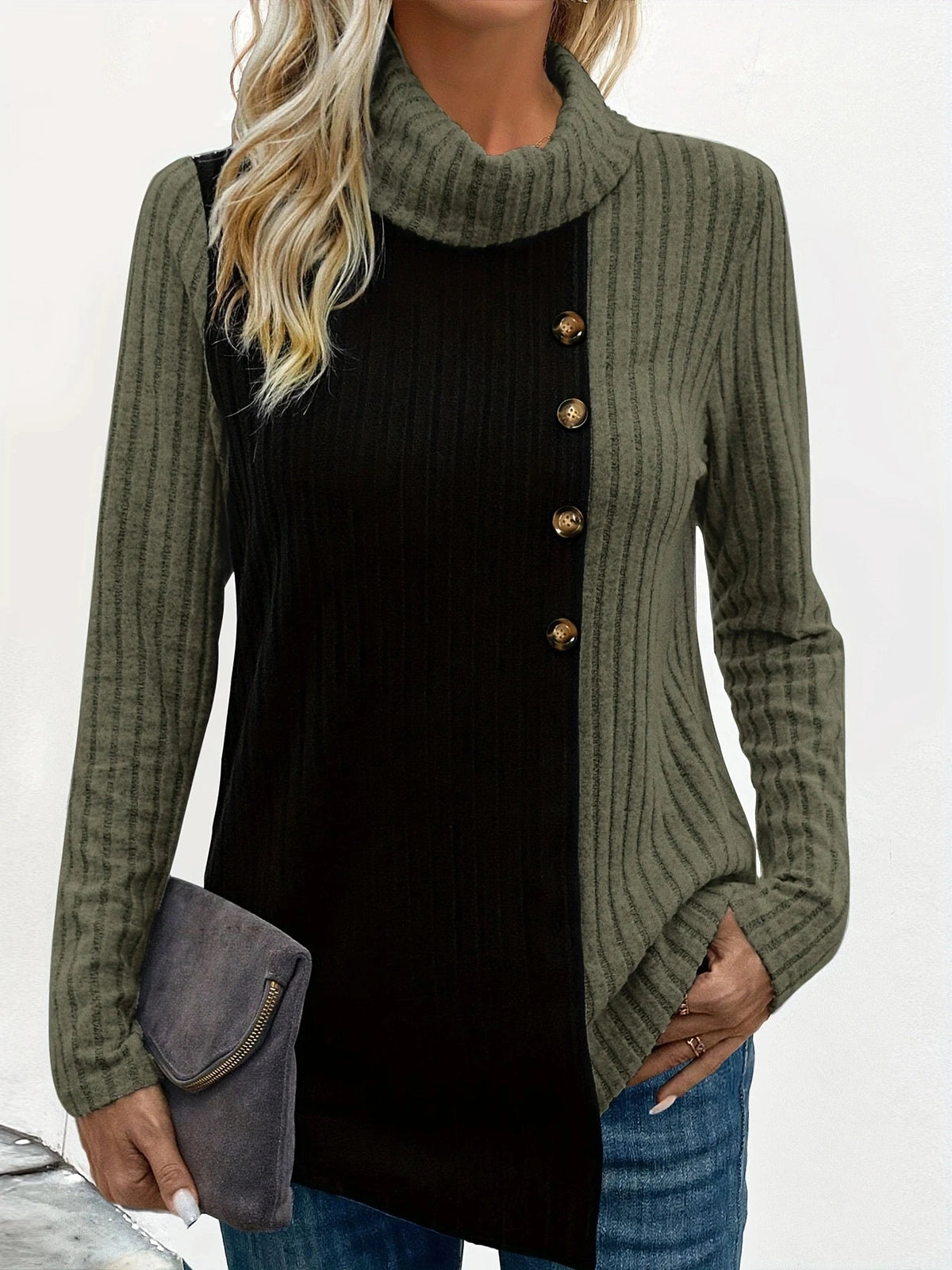 Women's Long Sleeve Ribbed Color Turtleneck Top T-Shirt