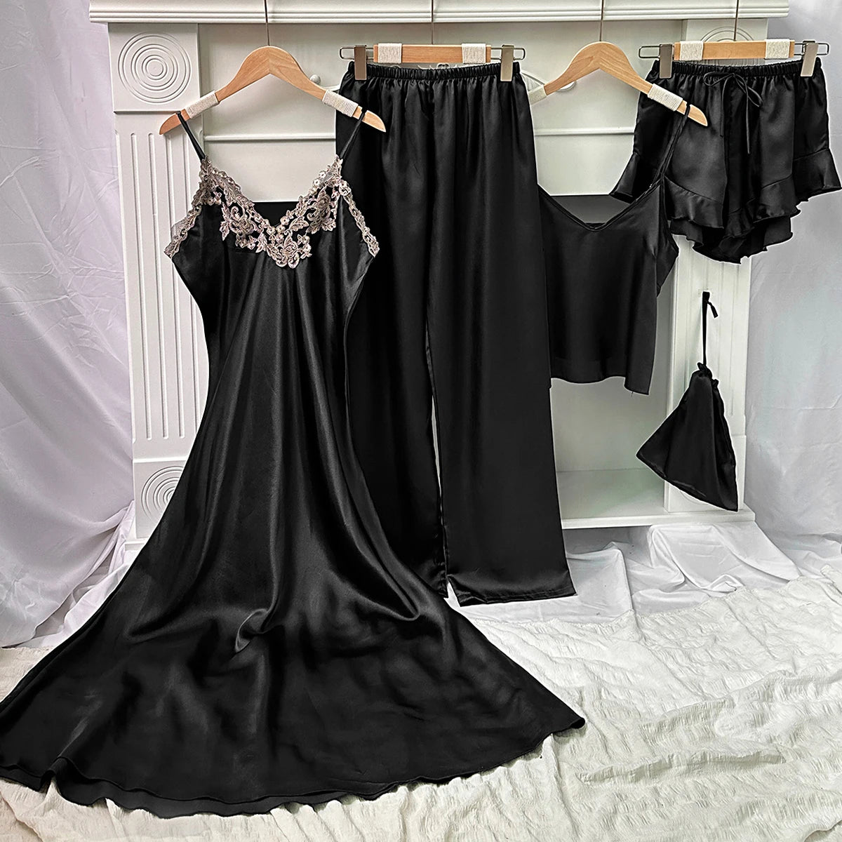 Women's 5Pcs Satin Lace Trim Top Ruffle Shorts Lounge Pants Loungewear Set
