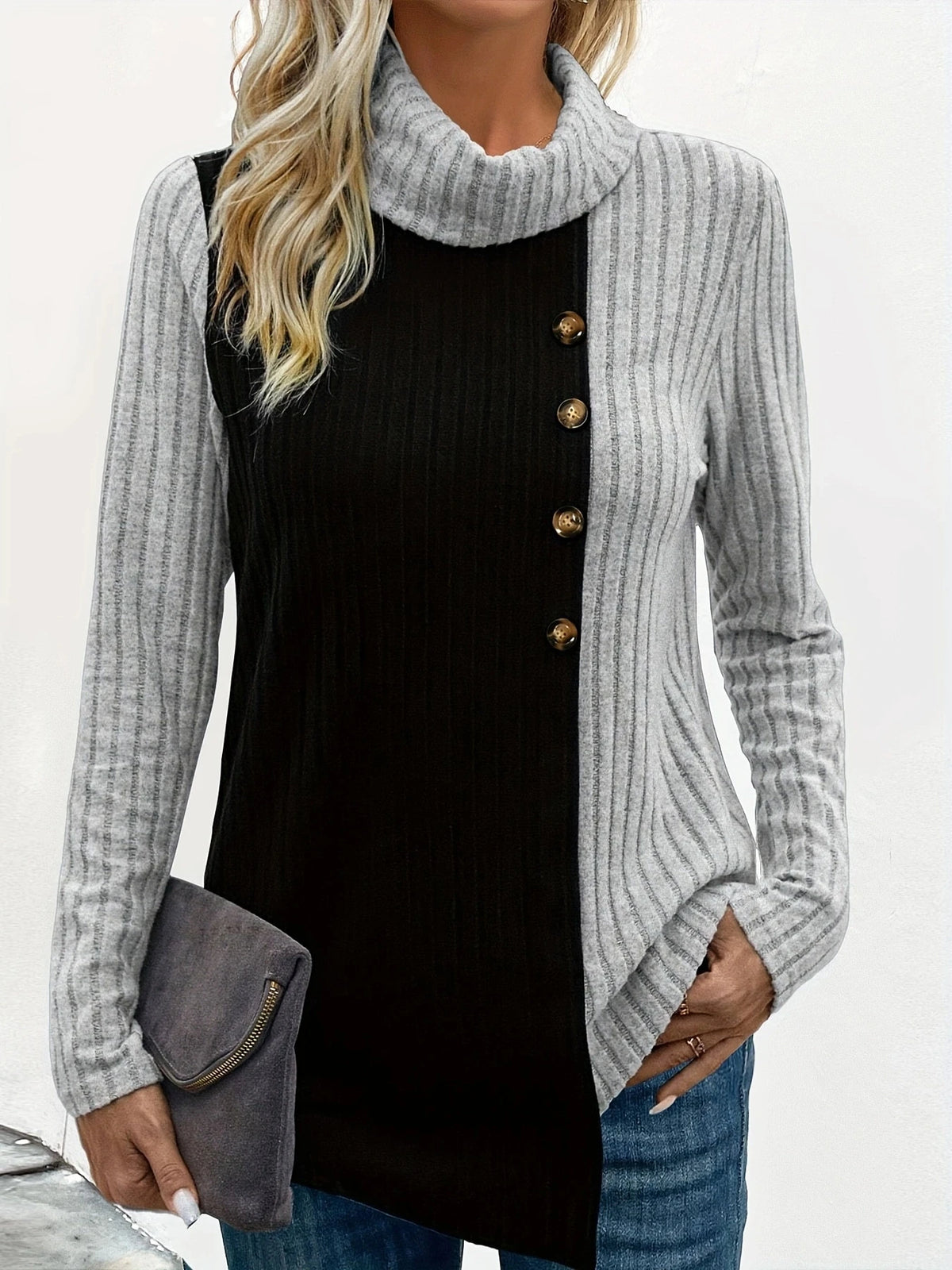 Women's Long Sleeve Ribbed Color Turtleneck Top T-Shirt