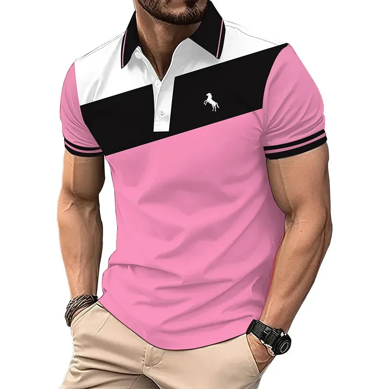 Men's Casual Short Sleeve Spell Color Button Polo Shirt