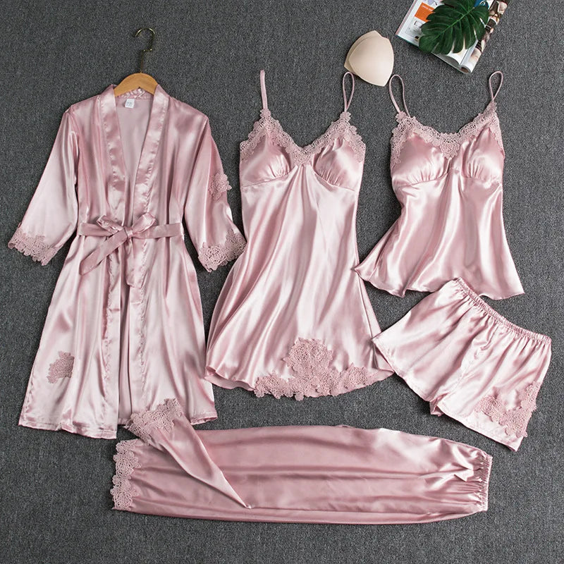 Women's 5Pcs Bridesmaid Dress Long Sleeved Plus Size Bathrobe Set