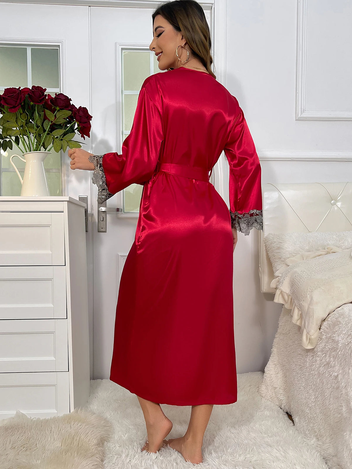 Women's Contrast Lace Long Sleeve Belted Robe Pajamas Set
