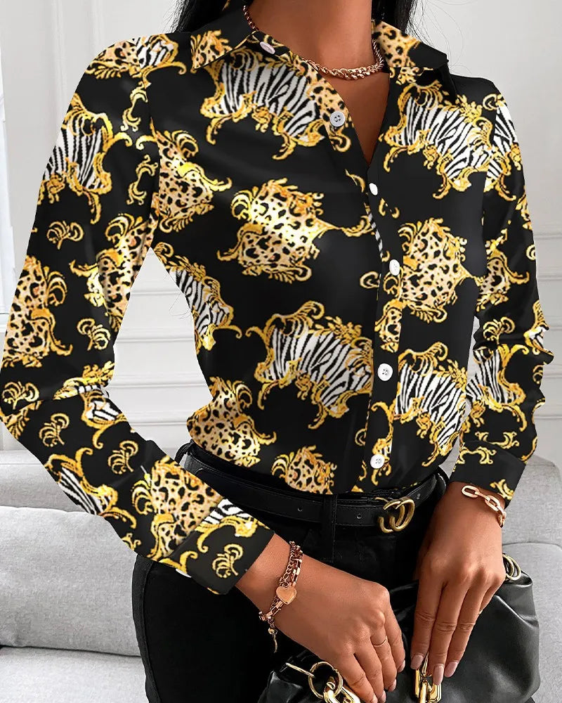 Women Turn-Down Collar Long Sleeve Blouse Shirt