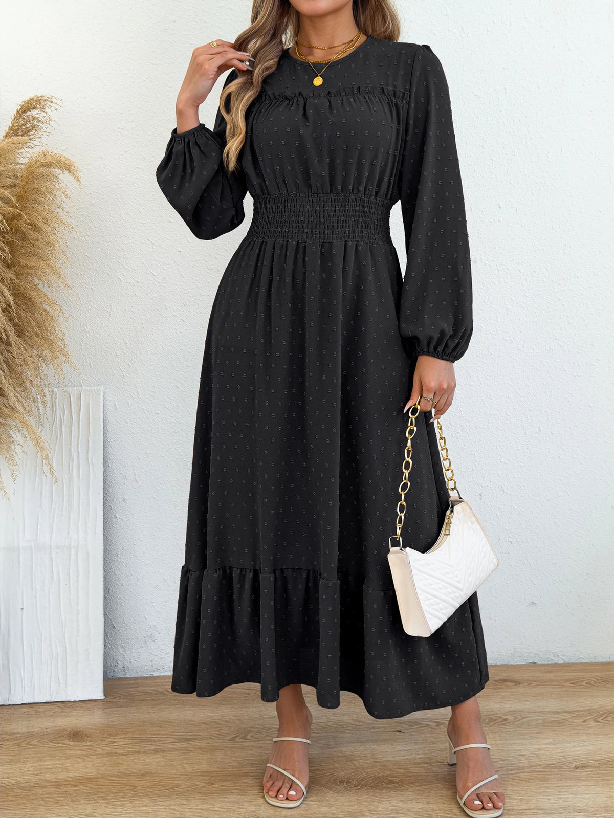 Women's Elegant Lantern Ruffled Plain Elastic Waist Maxi Dress