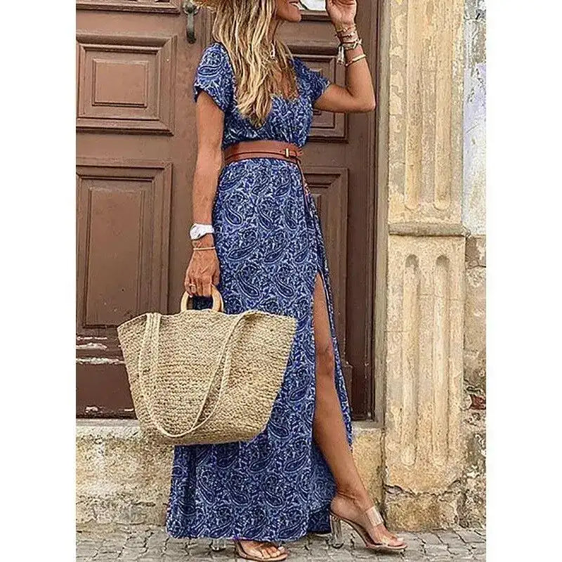 Women's Elegant Floral Pleated V Neck Puff Sleeve Waist Dress