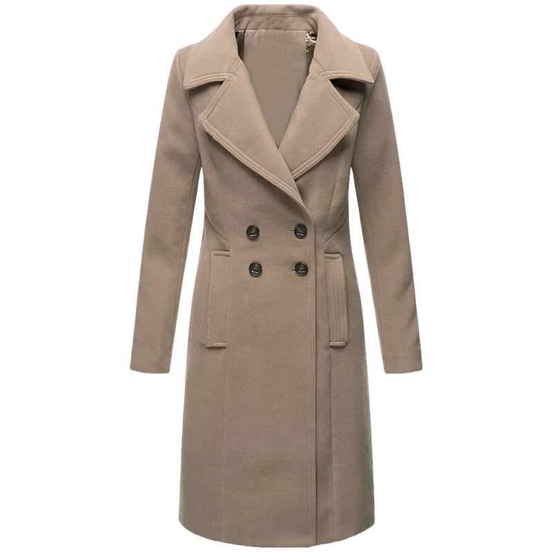 Women's Trench Double Breasted Woolen Lined Lapel Slim Coat
