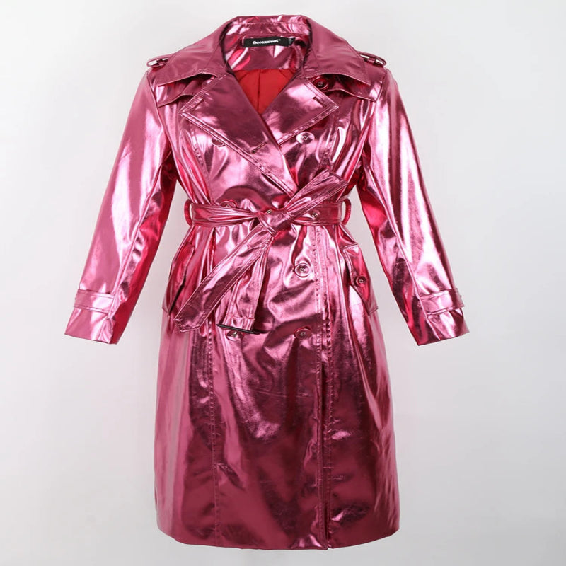 Women's Long Shiny Reflective Patent Leather Trench Coat