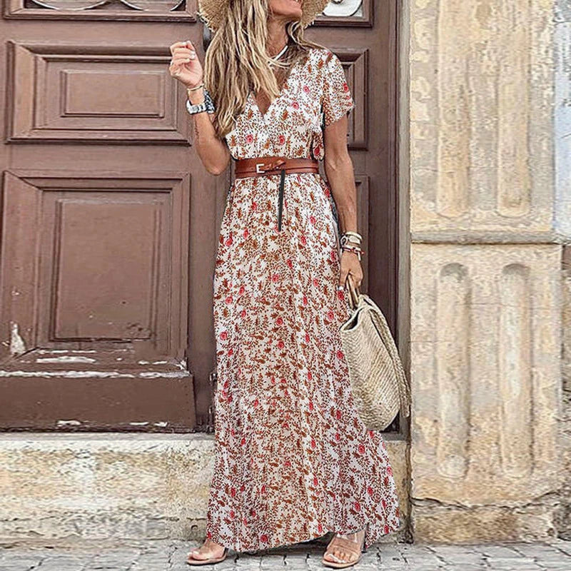 Women's Short Sleeve Belted Ruffle Bohemian Maxi Sun Dress