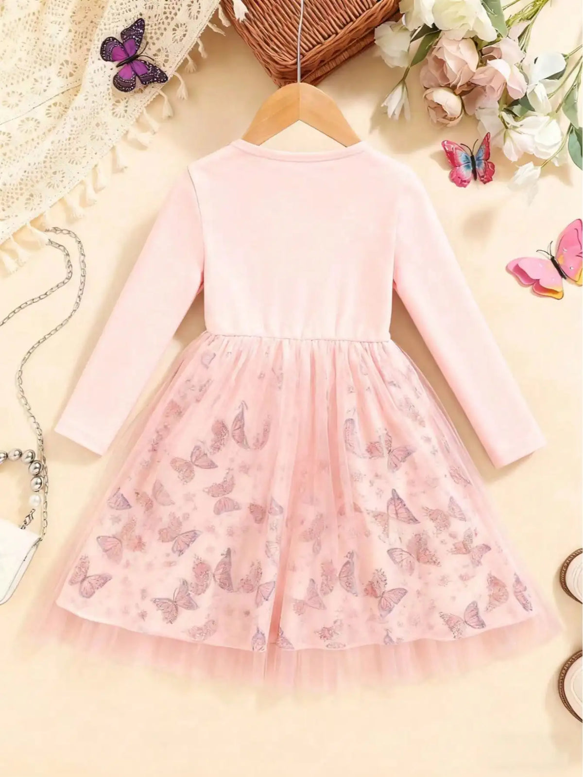 Girls Round Neck Long Sleeve Trumpet Skirt Knee Mesh Dress