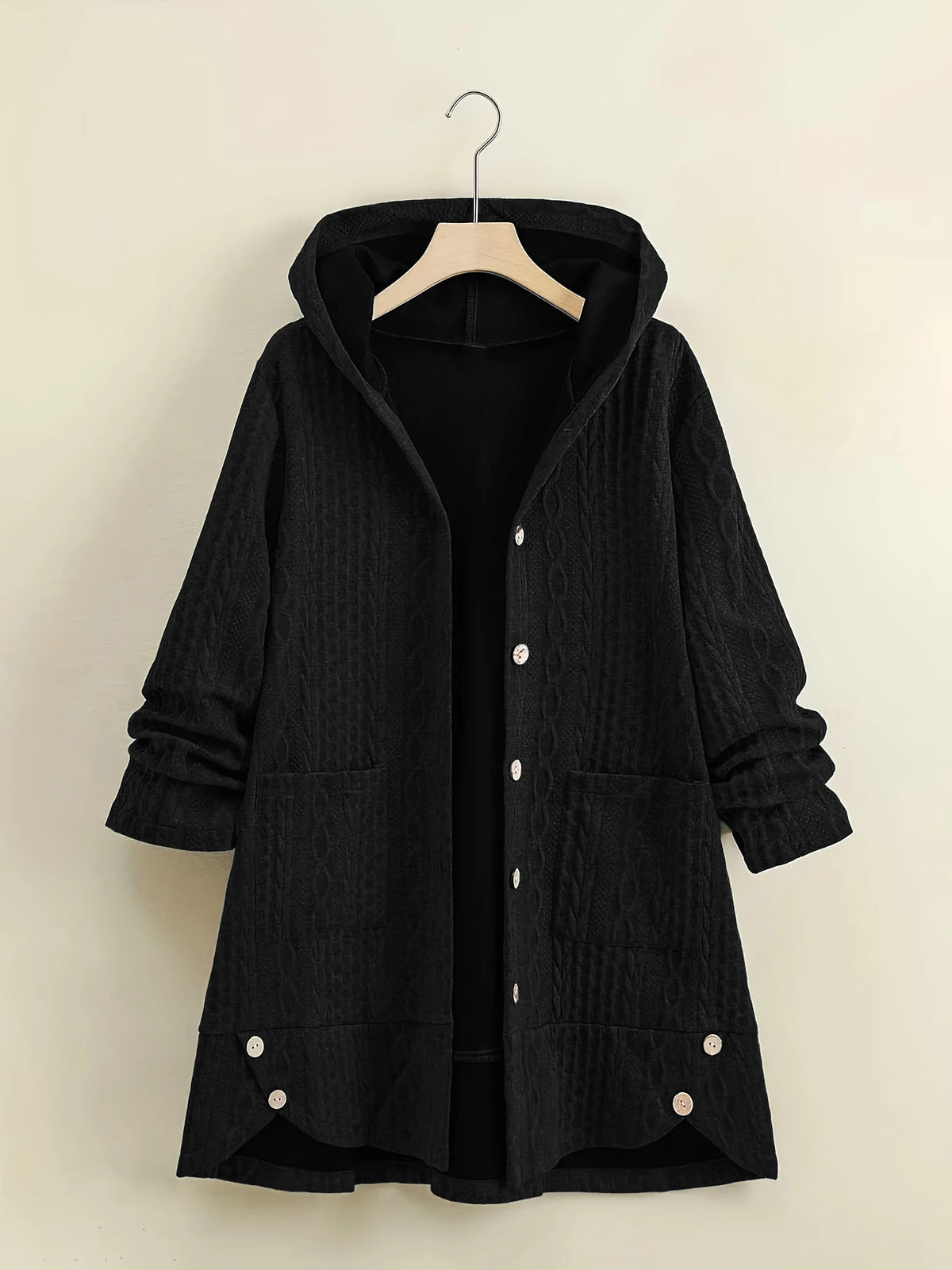 Women's Curvy Cable Knit Hooded Long Cardigan