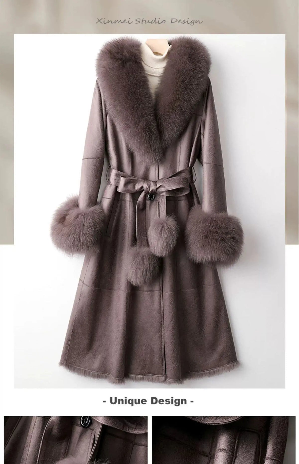 Women's Mid Length Rabbit Fur Fox Fur Collar Slim Fit Coat