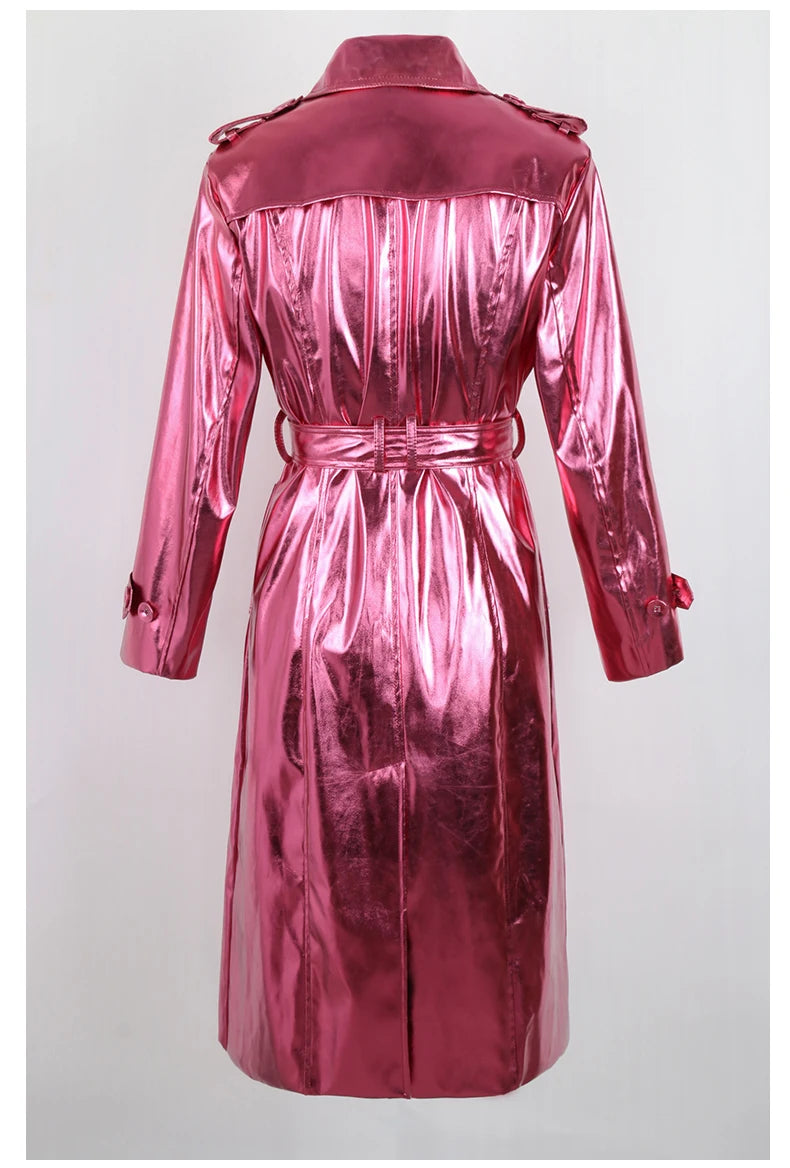 Women's Long Shiny Reflective Patent Leather Trench Coat