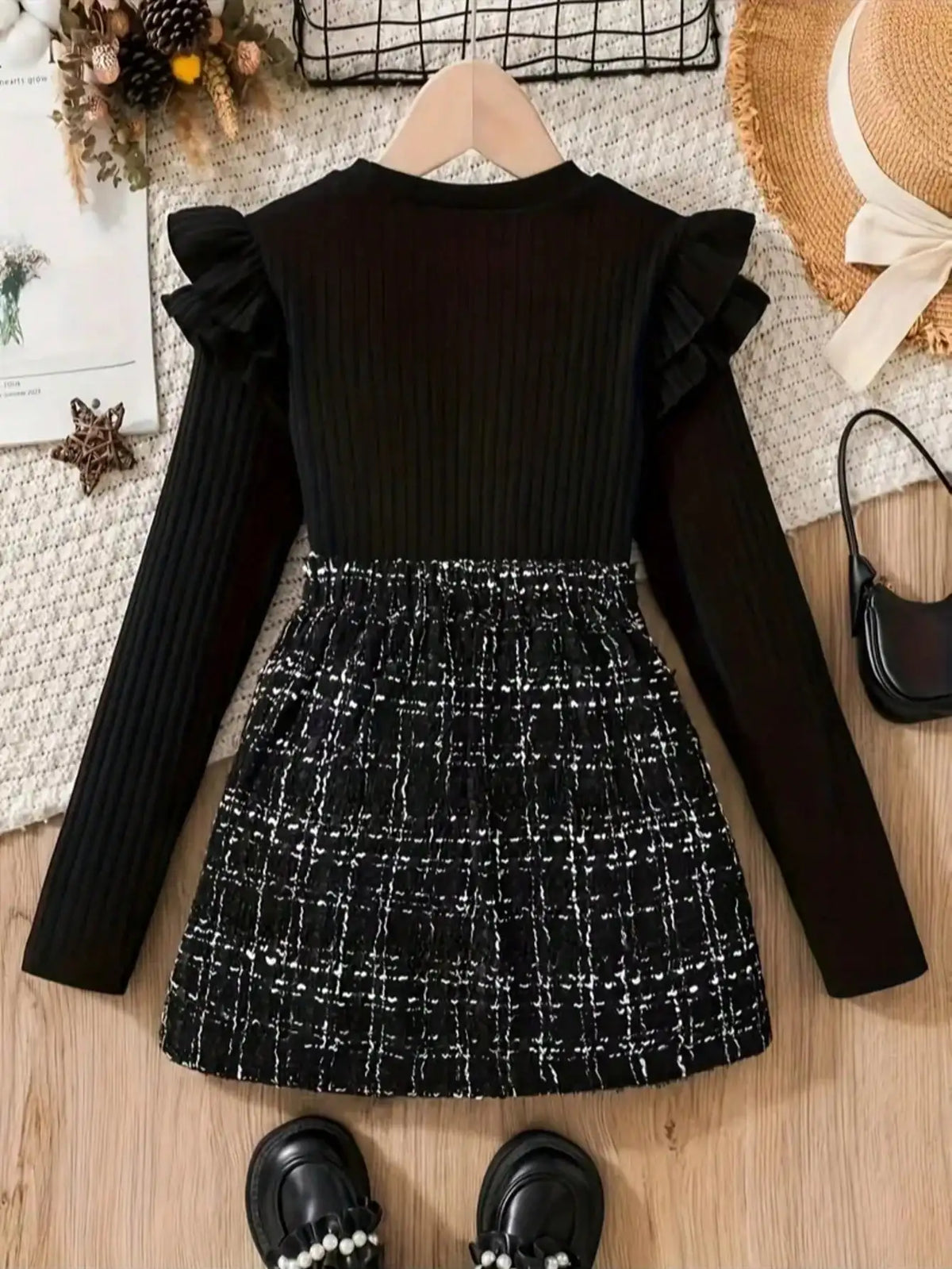 Girls 2Pcs Ruffle Edge Length Sleeve Top Twill Knit Skirt Set