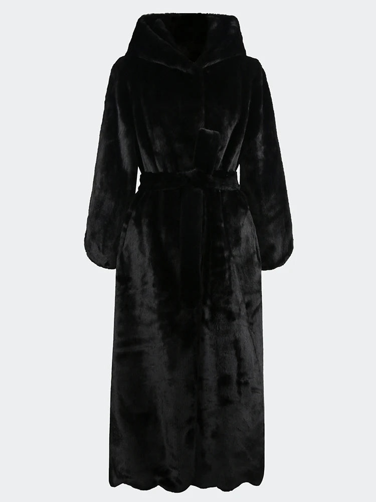 Women's Long Soft Fluffy Faux Rex Rabbit Fur Coat