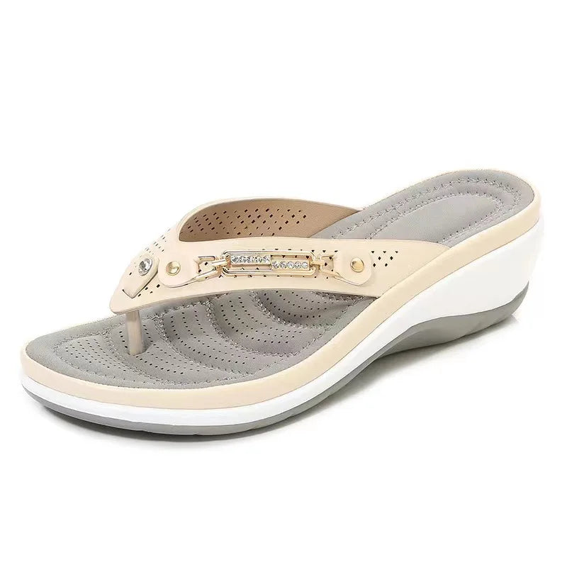 Women's Metal Butto Wedge Flip Flops Slides Slippers