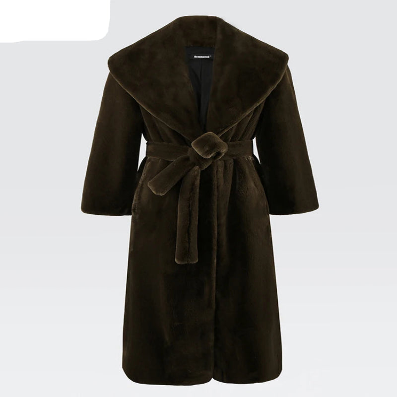 Women's Luxury Elegant Long Faux Sheared Mink Fur Coat