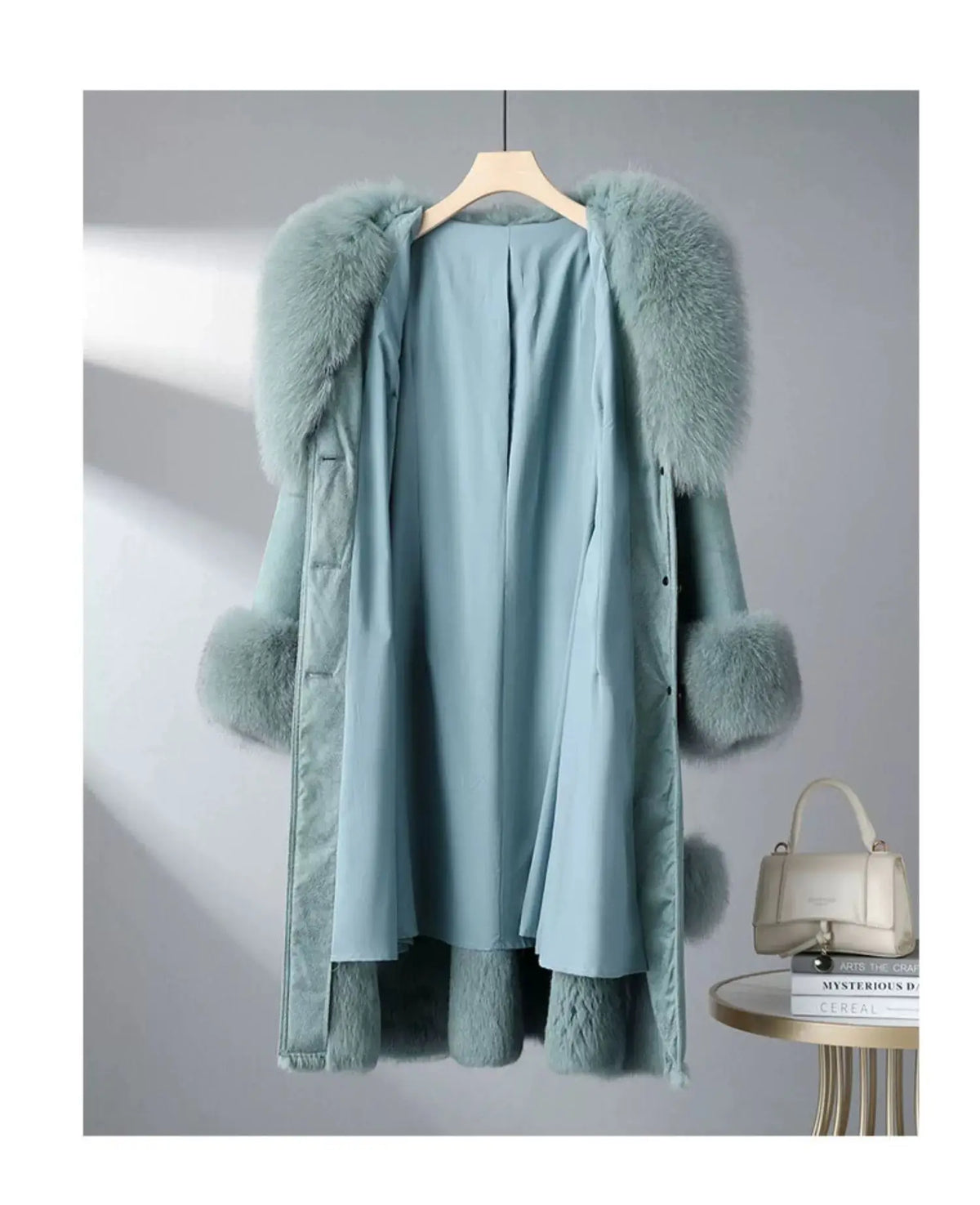 Women's Mid Length Rabbit Fur Fox Fur Collar Slim Fit Coat