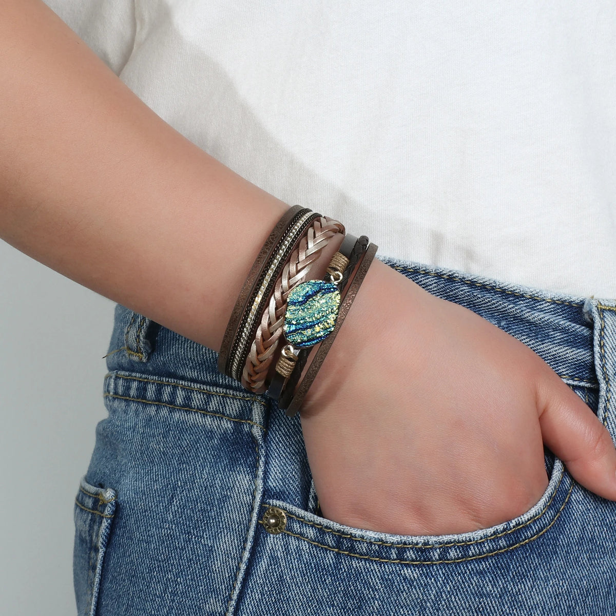 Women's Boho Colorful Stone Leather Multilayer Braided Bracelet