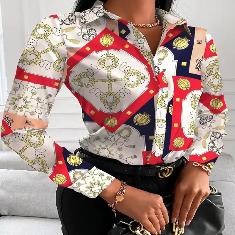 Women Turn-Down Collar Long Sleeve Blouse Shirt