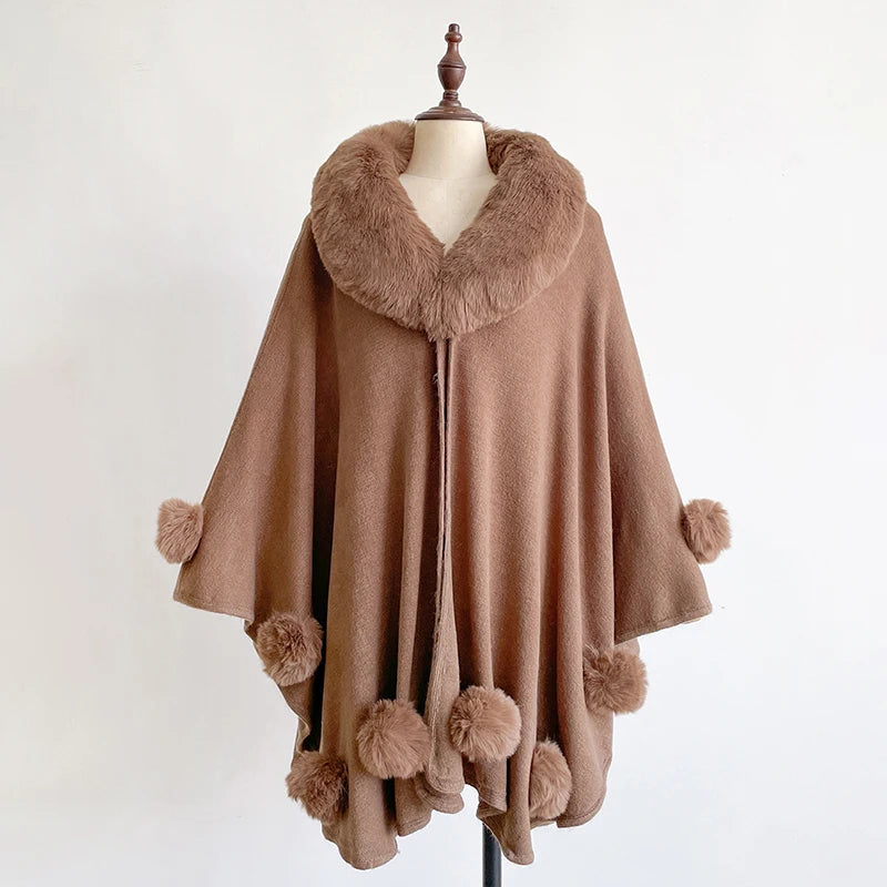 Women's Mink Wool Full Trims Faux Fur Hooded Fleece Cloak Wrap Cape