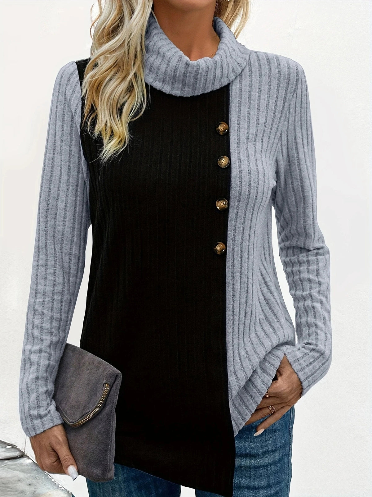 Women's Long Sleeve Ribbed Color Turtleneck Top T-Shirt