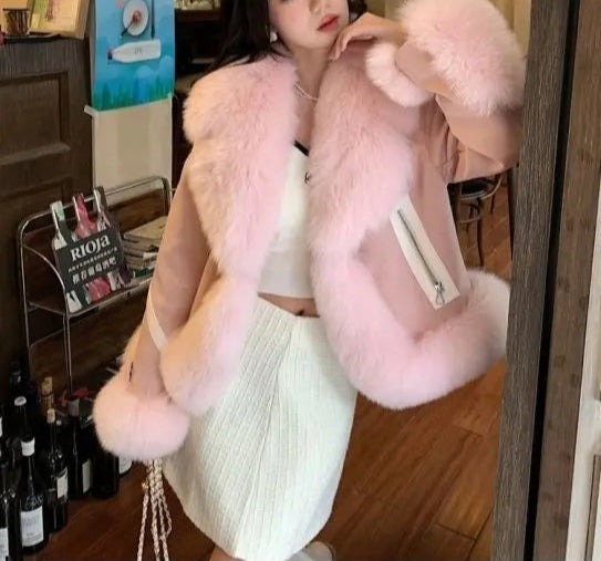 Women's Imitation Fox Fur Cotton Warm Suede Slim Coat