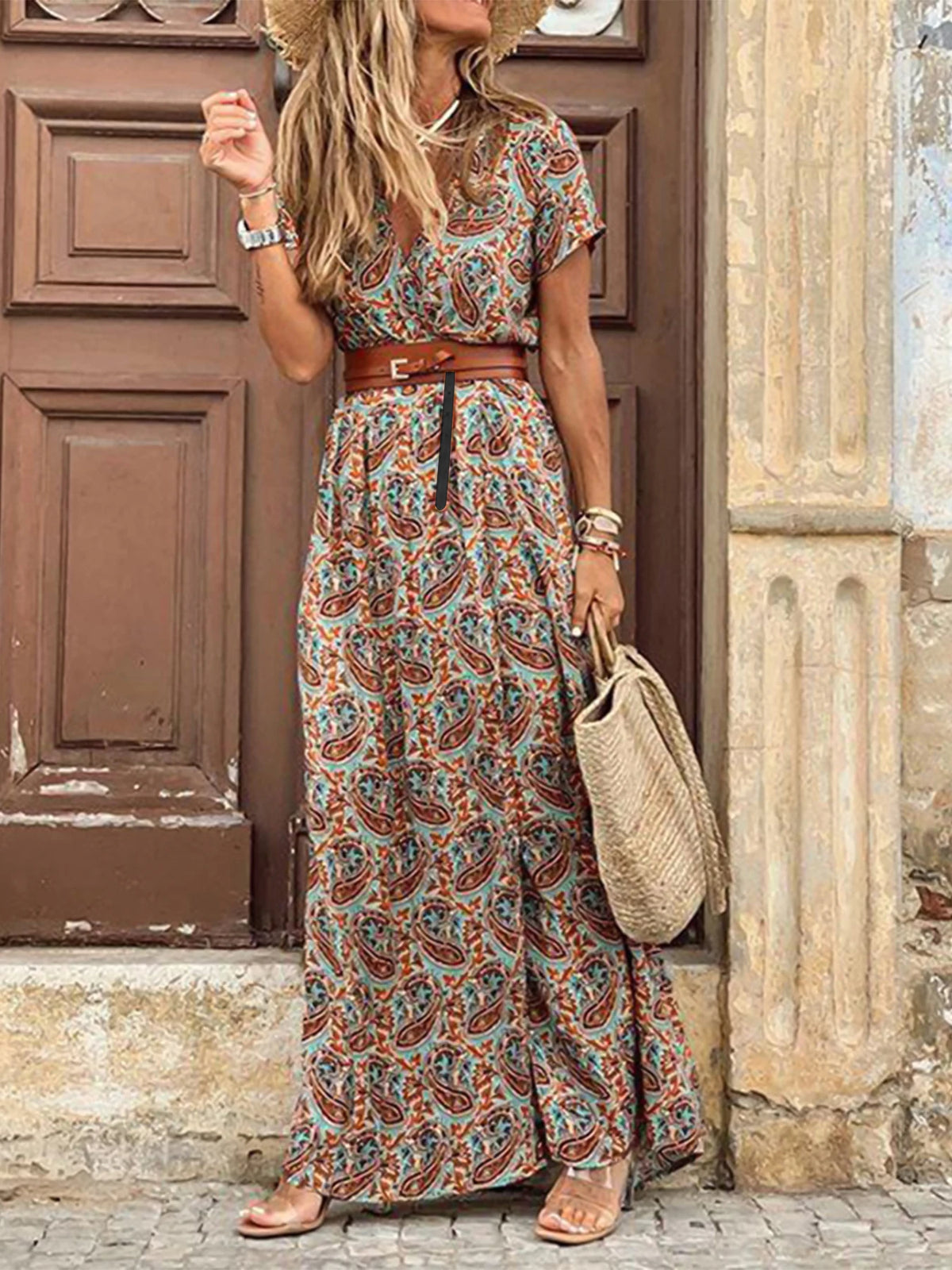 Women's Short Sleeve Belted Ruffle Bohemian Maxi Sun Dress