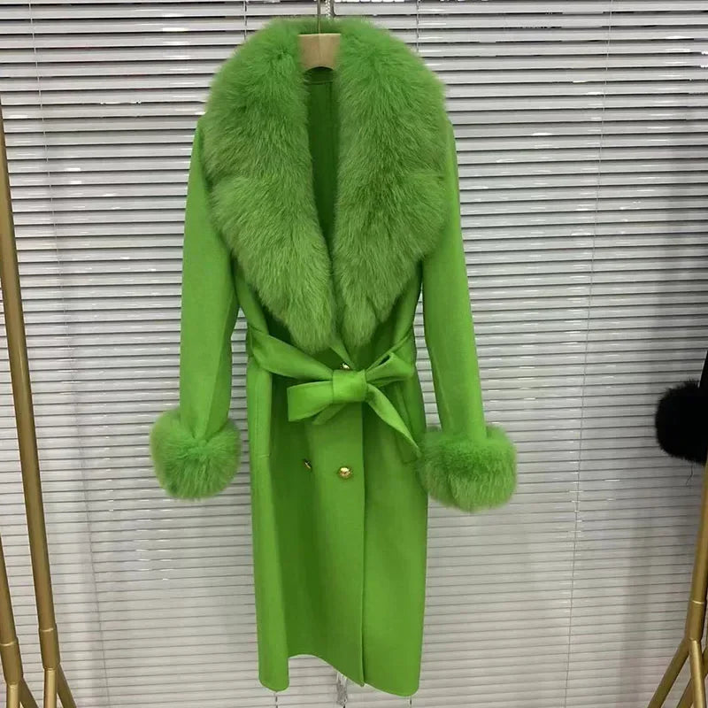 Women's Double Breasted Wool Cashmere Real Fox Fur Collar Coat