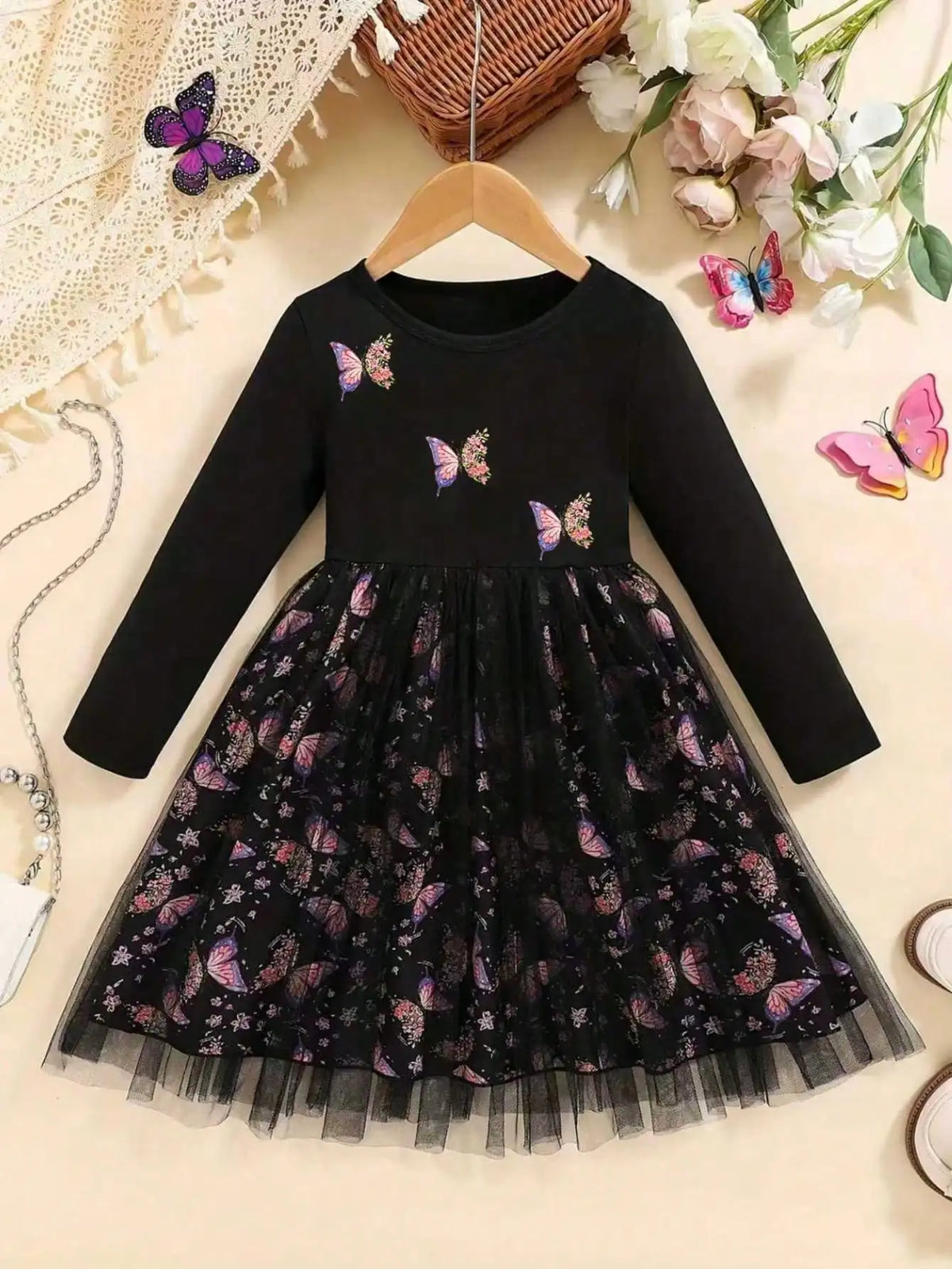 Girls Round Neck Long Sleeve Trumpet Skirt Knee Mesh Dress