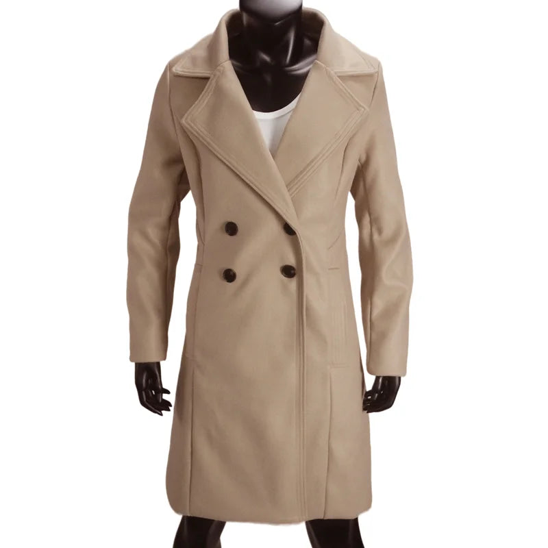 Women's Trench Double Breasted Woolen Lined Lapel Slim Coat