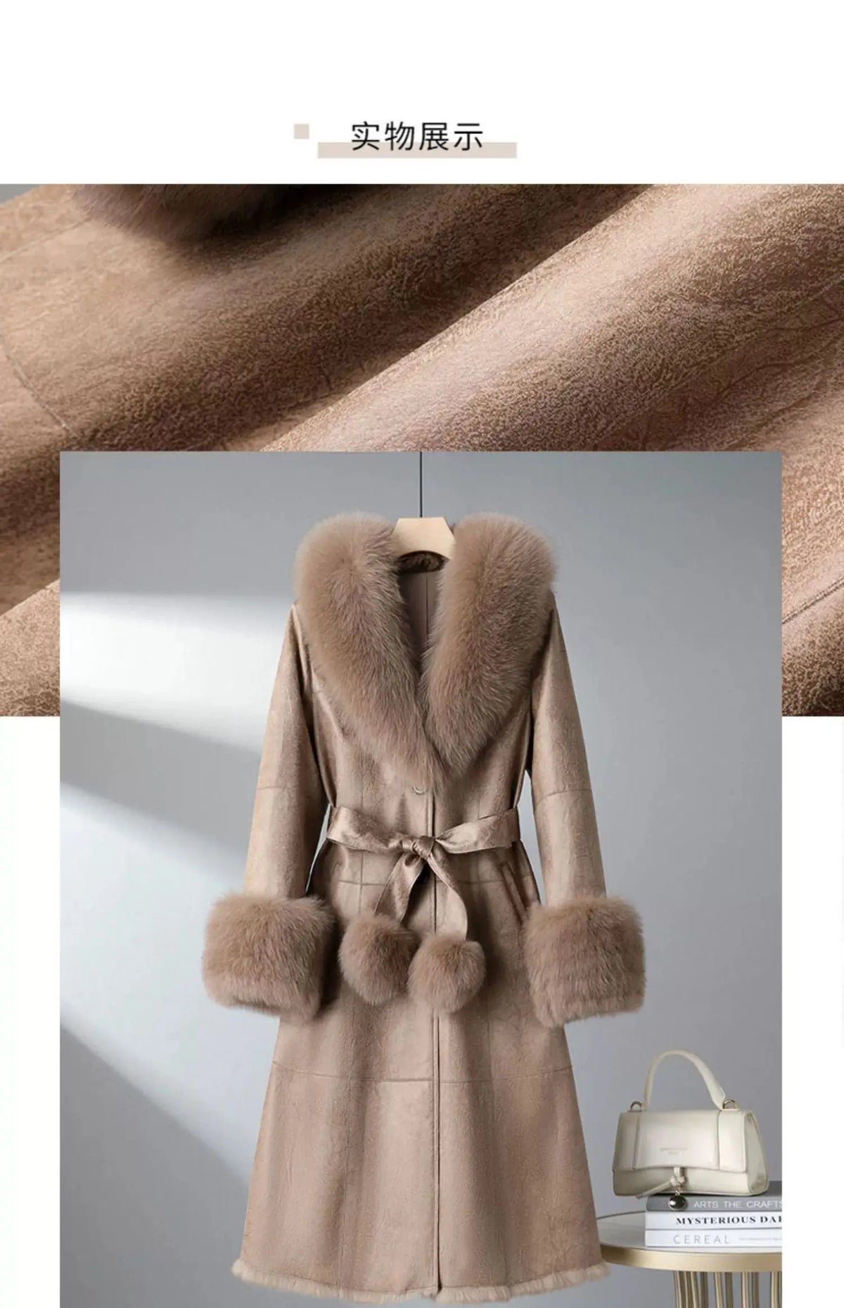 Women's Mid Length Rabbit Fur Fox Fur Collar Slim Fit Coat