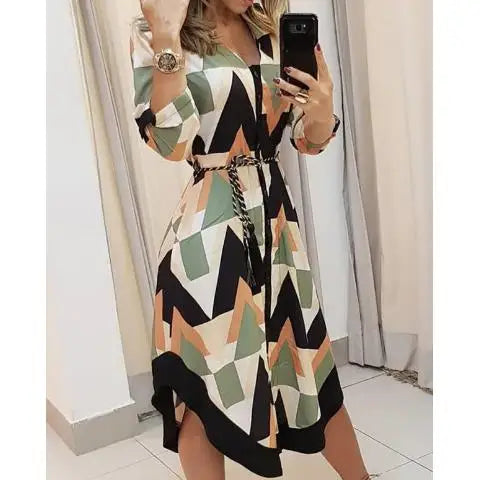 Women's Long Geometric Collar Elastic Waist Dress