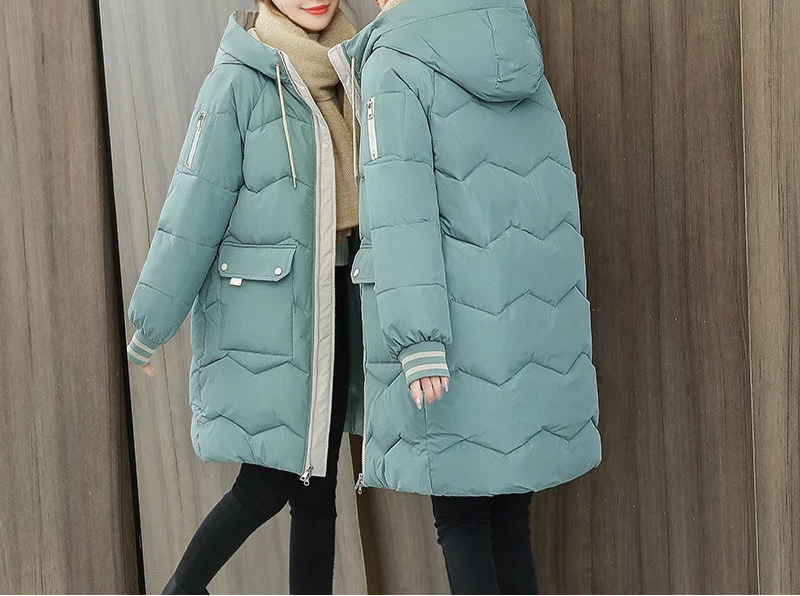 Women's Mid Length Cotton Padded Hooded Jacket