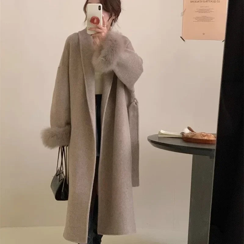 Women's Long Fur Woolen Double Sided Cashmere Coat