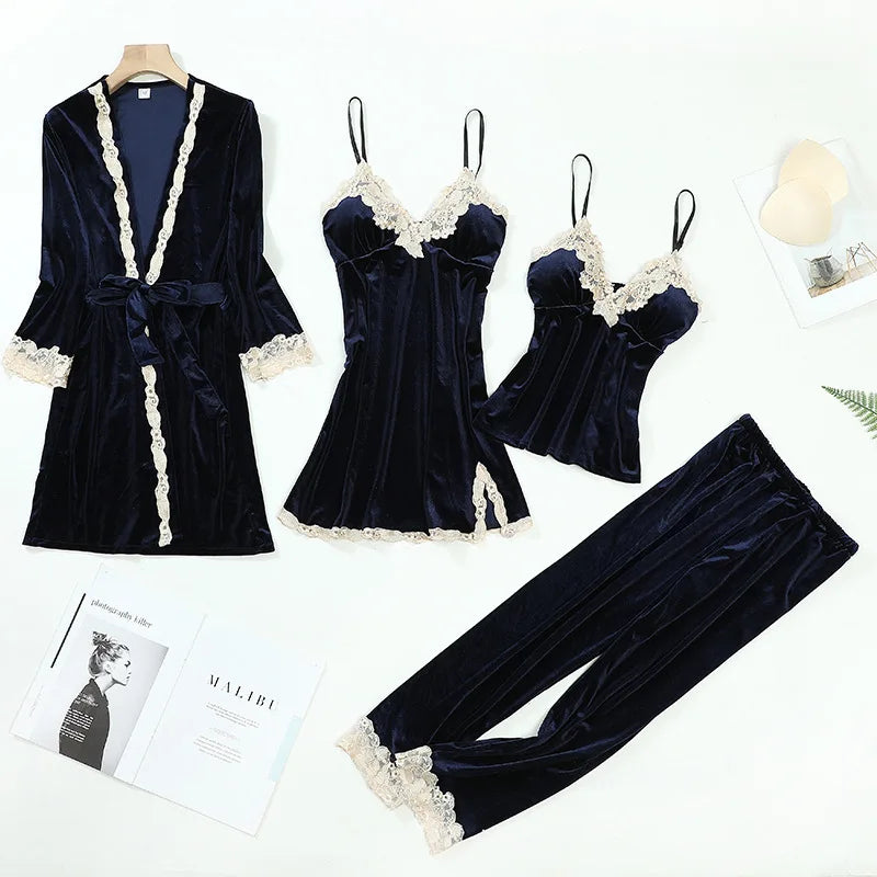 Women 4Pcs TOP Casual Velour Home Pajamas Set