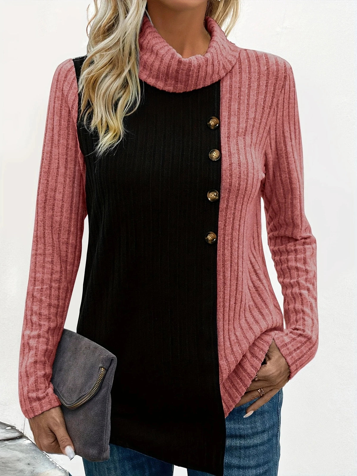 Women's Long Sleeve Ribbed Color Turtleneck Top T-Shirt