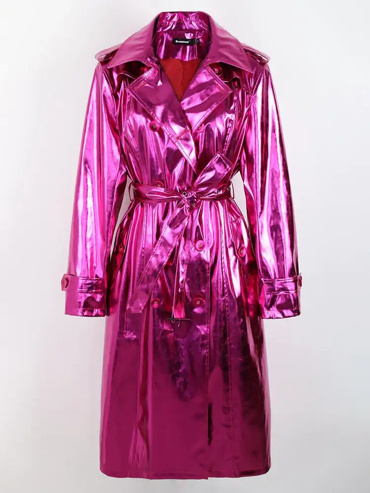 Women's Long Shiny Reflective Patent Leather Trench Coat