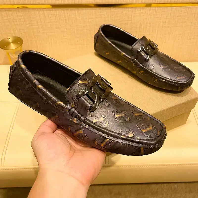 Men's Crocodile Print Leather Slip On Breathable Moccasins Shoes