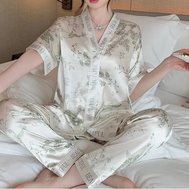 Women's 2Pcs Silk Button up Top and Pants Sleepwear Set