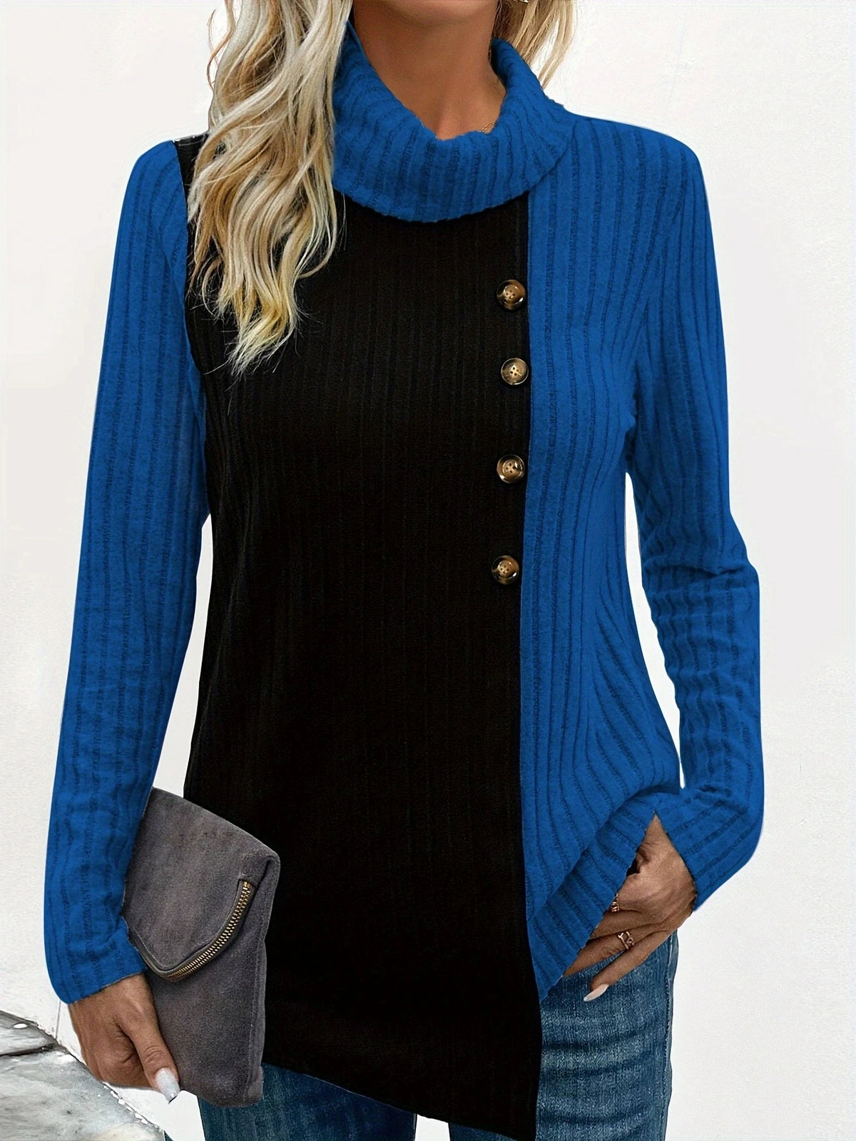 Women's Long Sleeve Ribbed Color Turtleneck Top T-Shirt