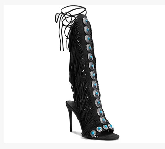 Women's Fringe Strappy Open Toe Lace Up Tassels High Heel Boots