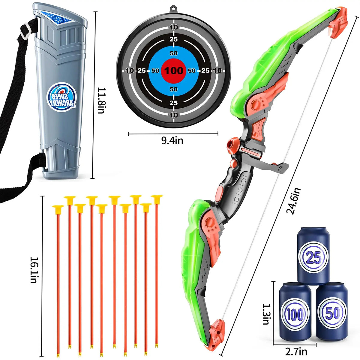 Kids LED Light Up Archery Bow 10 Suction Cup Arrows Set Toy