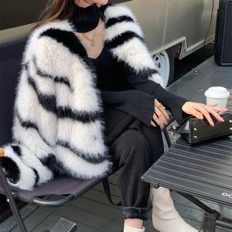 Women's Faux Fox Fur Fluffy Zebra Fur Coat Jacket