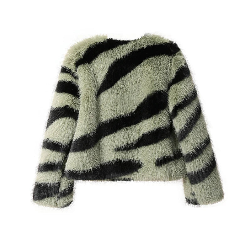 Women's Faux Fox Fur Fluffy Zebra Fur Coat Jacket