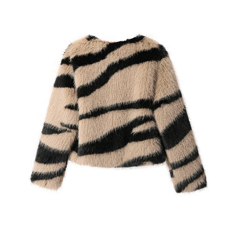 Women's Faux Fox Fur Fluffy Zebra Fur Coat Jacket