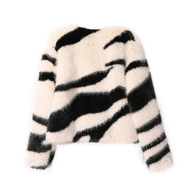 Women's Faux Fox Fur Fluffy Zebra Fur Coat Jacket