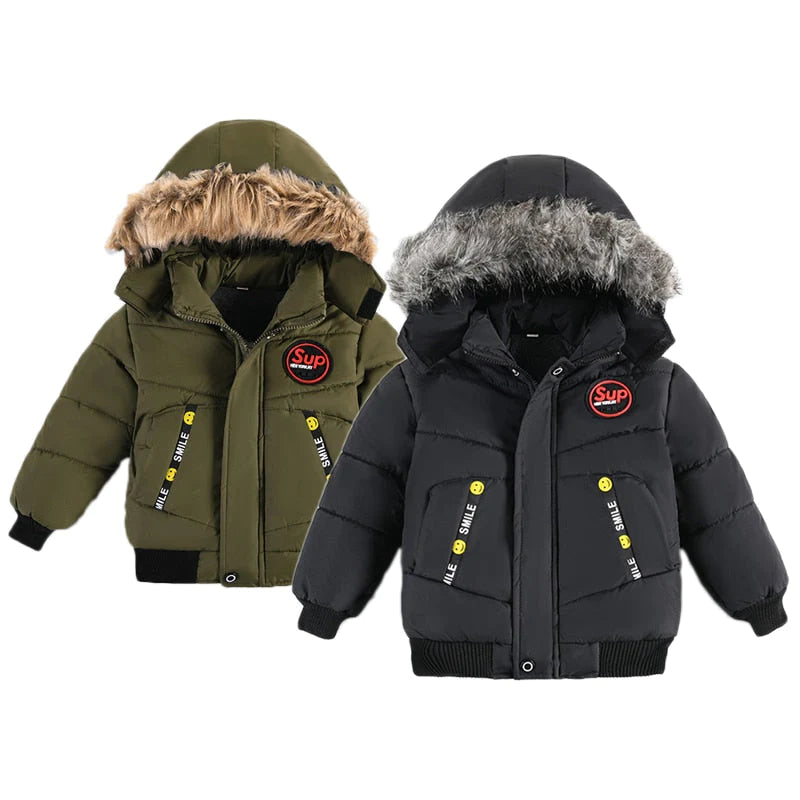 Boys Fur Collar Hooded Zipper Jacket Allmartdeal